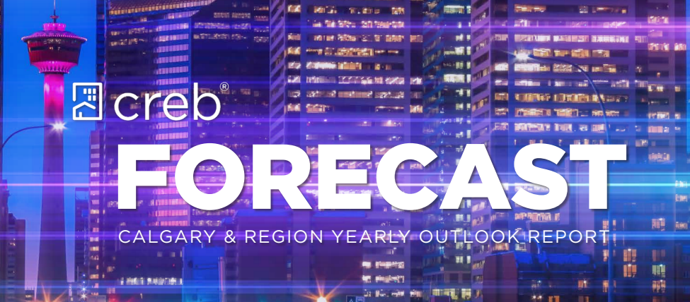 A cityscape of Calgary at night with tall illuminated buildings, centered by a red tower. The text reads "creb® FORECAST" in large white letters, followed by "CALGARY & REGION YEARLY OUTLOOK REPORT" in smaller white letters.