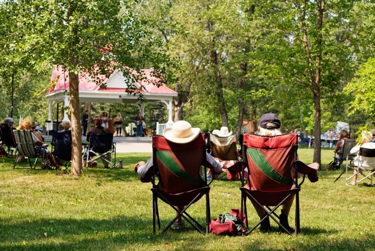 Two people sit side by side in lawn chairs, holding hands, watching a live band perform on a small outdoor stage surrounded by trees. The scene is a sunny day in a park at High River Calgary, Alberta. There is an audience seated in chairs scattered on the grass.