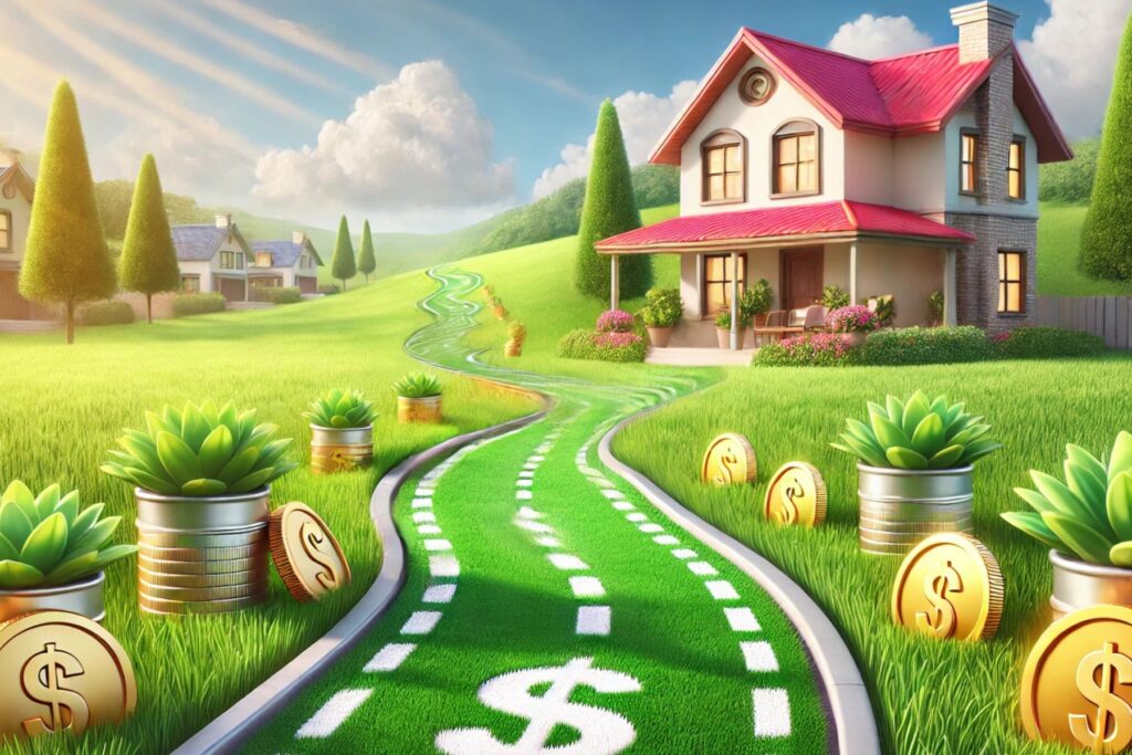 an image of a dream home with a path of gold coins leading to it.