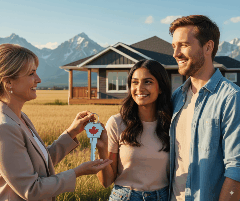 couple standing in front of a home with a realtor.