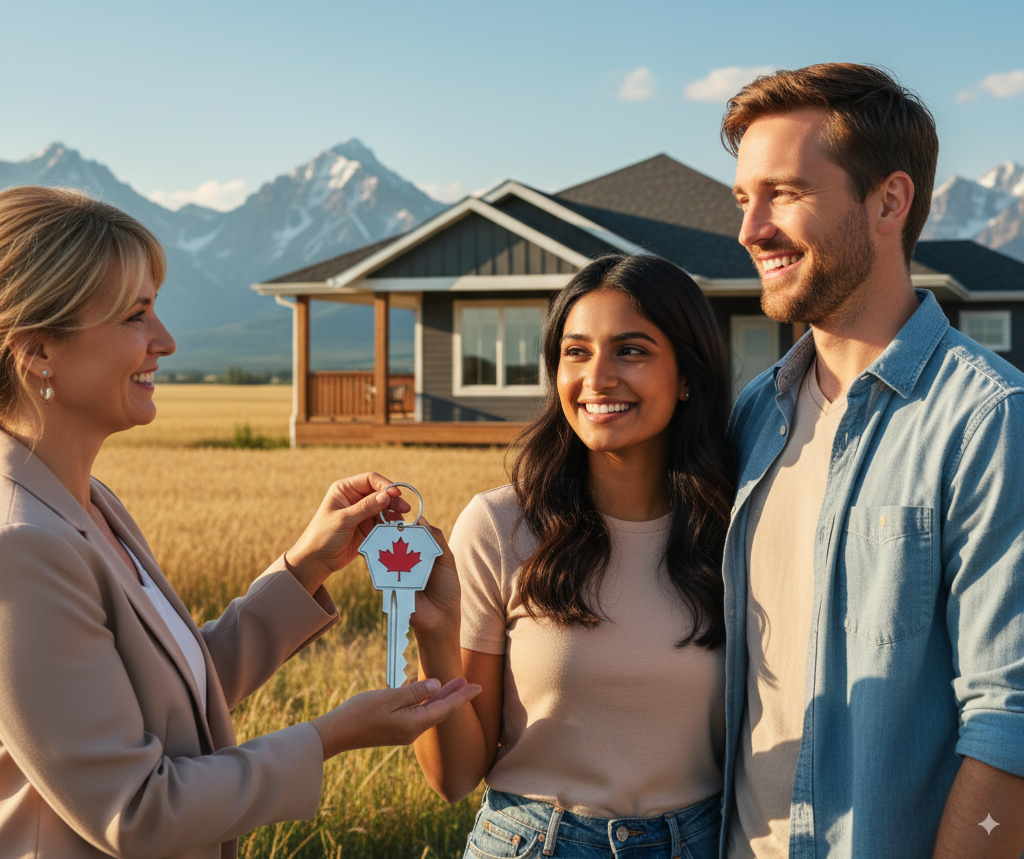 couple standing in front of a home with a realtor.
