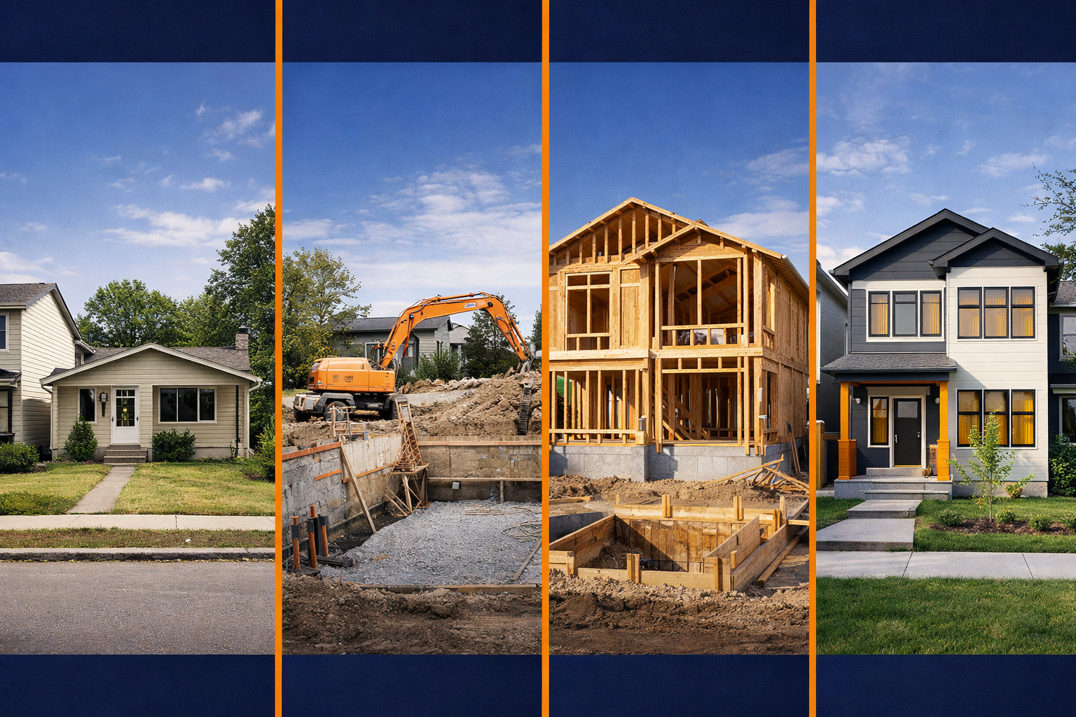Before, during, and after images showing the infill construction process on a residential lot in Calgary