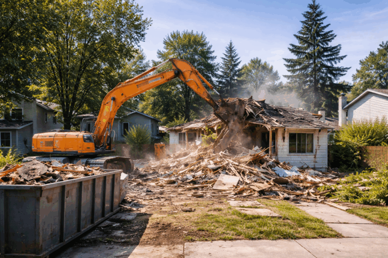 Demolition of an existing residential home on a Calgary infill lot prior to new construction
