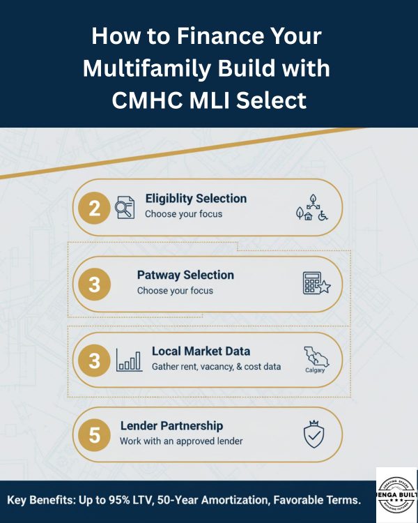 an infographic of grey and blue that reads, 'How to Finance Your Multifamily Build with CMHC MLI Select'